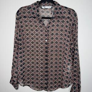 Zara Womens Size Medium Green Tan Sheer Button Up Long Sleeve Blouse